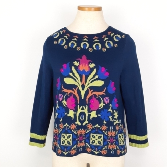 Anthropologie Floral Intarsia Sweater Top Size Small - Picture 2 of 9